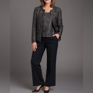 Vintage Kasper Black & Silver Blazer Career Business Three-Piece Suit Set Sz 10P